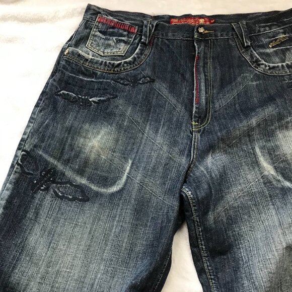 Vintage Stash House Embellished Jean Shorts Mens Size 40 100% Cotton Baggy Denim - Picture 10 of 16